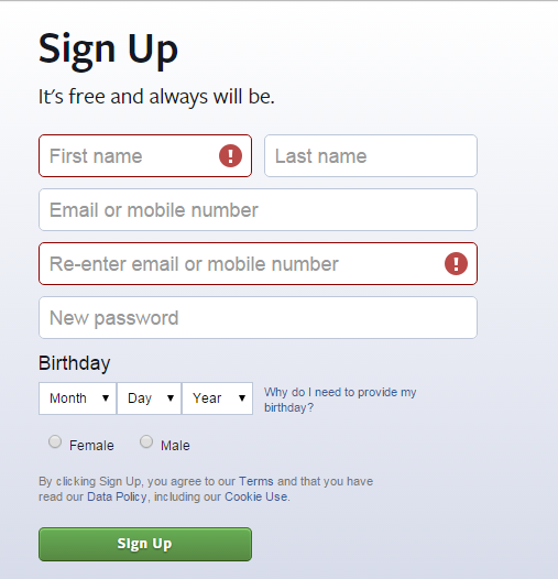 ثبت نام در فیس بوک